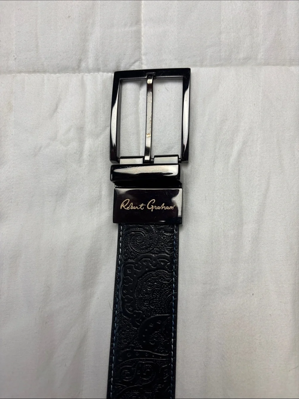 Robert Graham Black Embossed Leather Belt with Silver Buckle